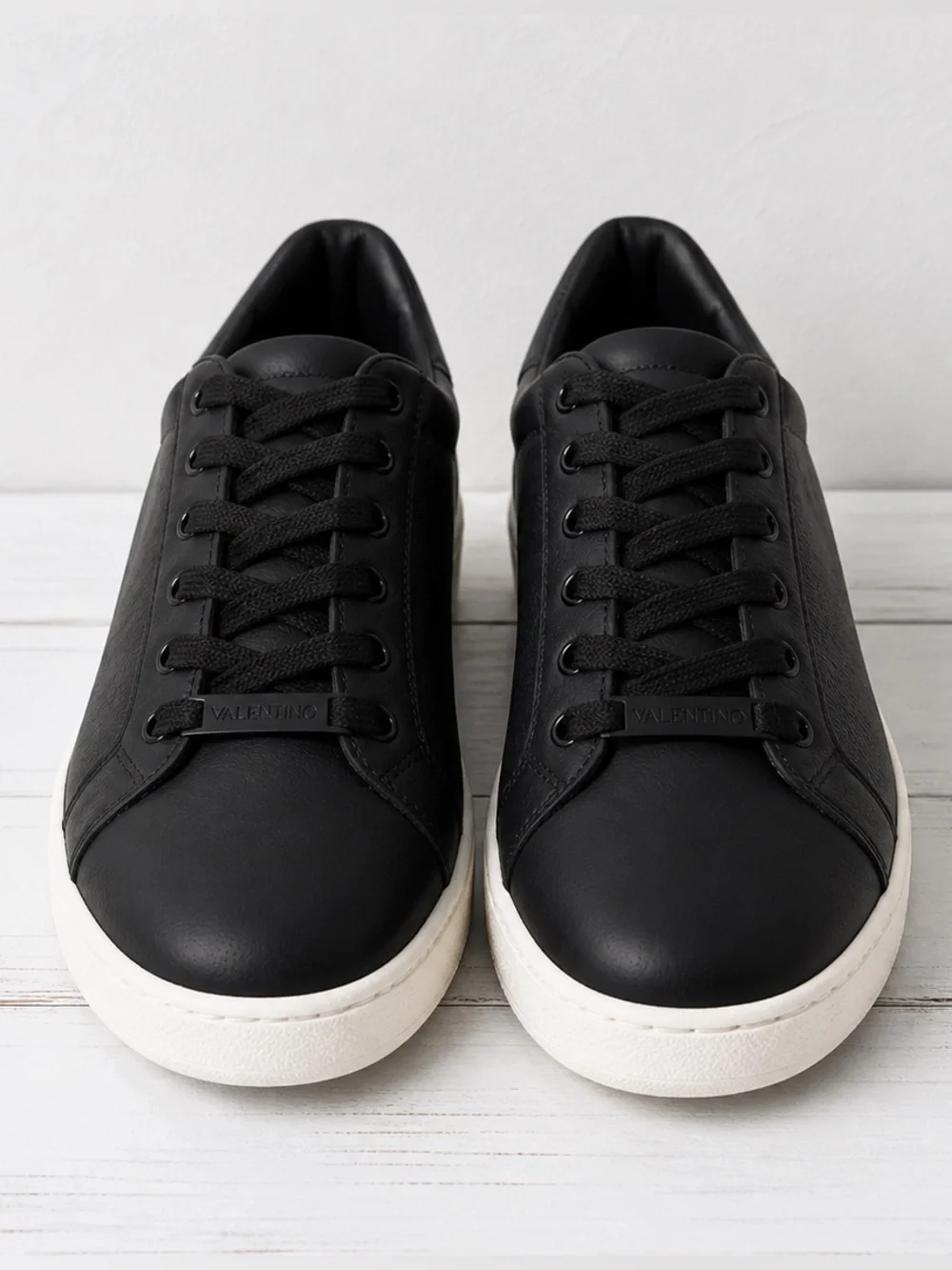 Valentino Cassandra Black Leather Low-Top Logo Lace Up Sneakers with White Sole